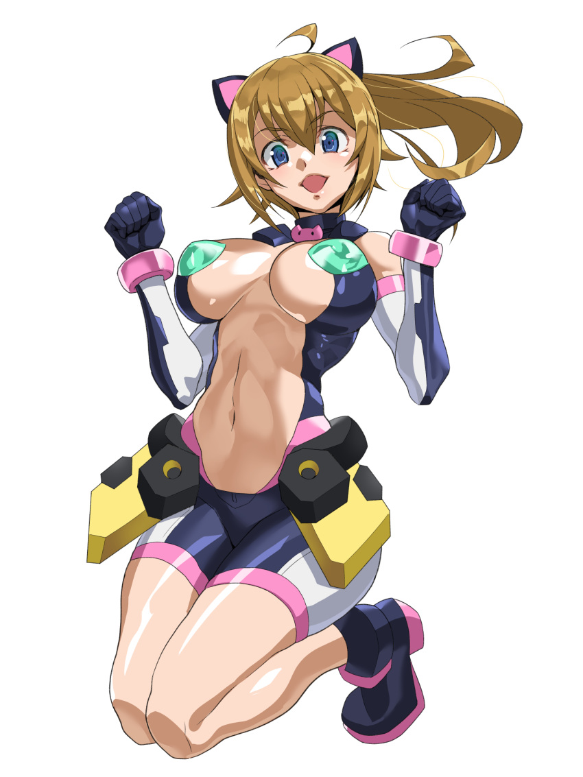 1girl animal_ears black_gloves blue_eyes breasts cat_ears don_(rg06268) fumina_avatar gloves gundam gundam_build_fighters gundam_build_fighters_try gundam_build_metaverse hair_between_eyes highres hoshino_fumina large_breasts looking_at_viewer medium_hair navel open_mouth ponytail simple_background smile solo white_background