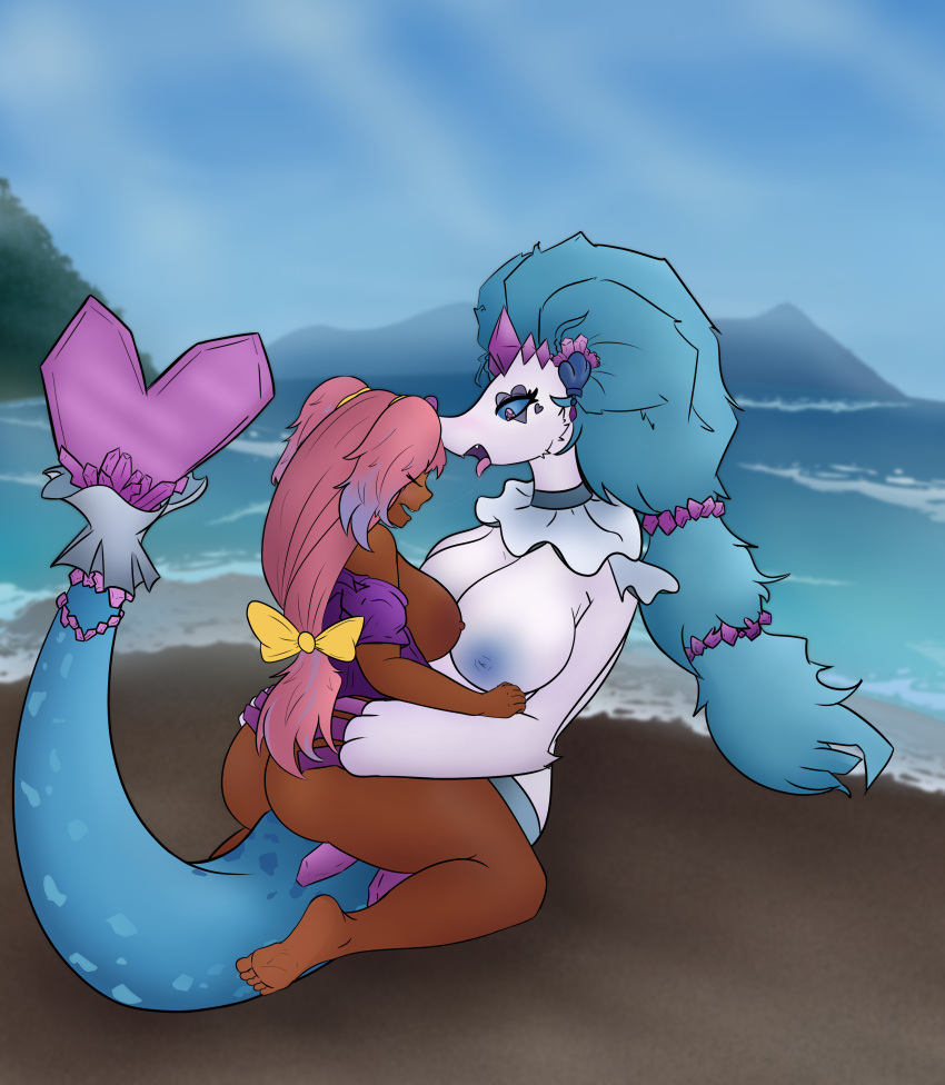 absurd_res accessory amore anthro beach big_breasts blue_hair breasts duo female female/female female_on_anthro generation_7_pokemon hair hair_accessory hi_res human kissing larger_female looking_pleasured mammal marine ming-ming nintendo pink_hair pinniped pokemon pokemon_(species) primarina rhode_arts sea sea_lion size_difference smaller_female thick_thighs water