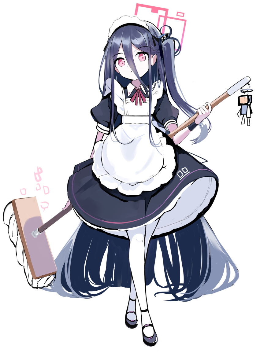 &lt;key&gt;_(blue_archive) &lt;key&gt;_(robot)_(blue_archive) 1girl absurdly_long_hair apron arm_at_side black_footwear black_hair black_shirt black_skirt blue_archive broom chosunbe closed_mouth dot_nose frilled_apron frills full_body hair_between_eyes halo highres holding holding_behind_back holding_broom legs_apart long_hair looking_at_viewer maid maid_headdress neck_ribbon one_side_up pantyhose petticoat puffy_short_sleeves puffy_sleeves red_eyes red_ribbon ribbon shirt shoes short_sleeves simple_background skirt solo standing very_long_hair white_apron white_background white_pantyhose