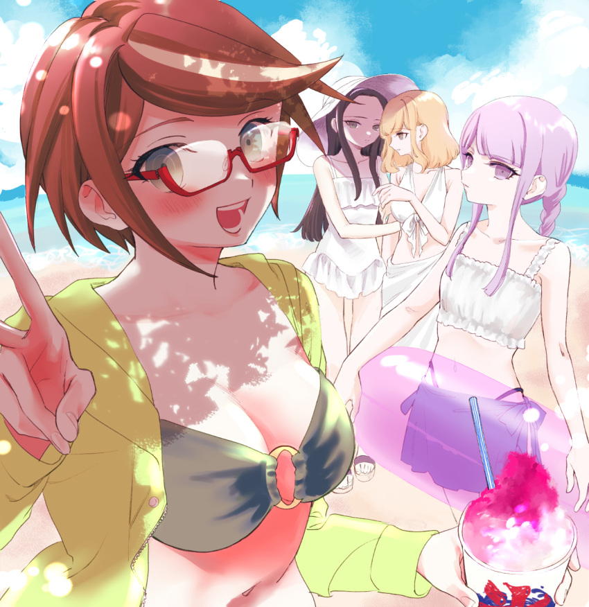4girls alternate_costume bare_arms bare_legs bare_shoulders beach bikini black_bikini black_hair blonde_hair blue_bow blue_skirt blue_sky blunt_bangs blush bow bow_bikini bow_skirt braid breasts brown_eyes brown_hair character_request cleavage closed_mouth cloud cup danganronpa_(series) danganronpa_kirigiri day disposable_cup drinking_straw expressionless eyelashes feet_out_of_frame fingernails food frilled_one-piece_swimsuit frills glasses grey_eyes hat highres holding holding_another's_arm holding_cup holding_swim_ring hood hood_down hooded_jacket jacket kirigiri_kyoko large_breasts light_smile long_hair long_skirt long_sleeves looking_at_another low_twin_braids medium_hair mining_helmet mismatched_bikini multiple_girls no+bi= o-ring o-ring_bikini ocean one-piece_swimsuit open_clothes open_jacket open_mouth outdoors pleated_skirt purple_eyes purple_hair purple_innertube red-framed_eyewear samidare_yui shaved_ice short_hair side_slit sidelocks skirt sky smile straight_hair sun_hat swim_ring swimsuit teeth twin_braids upper_body v white_bikini white_bow white_headwear white_one-piece_swimsuit yellow_jacket yellow_sleeves