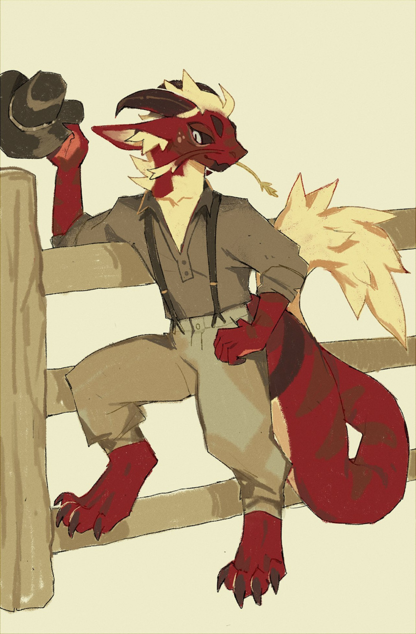 2020 anthro barefoot black_sclera bottomwear brown_claws brown_clothing brown_hat brown_headwear brown_horn brown_shirt brown_topwear claws clothed clothing countershading cowboy cowboy_hat digital_media_(artwork) dipstick_tail dragon feet fence full-length_portrait fully_clothed fur furred_dragon hat headgear headwear hi_res holding_clothing holding_hat holding_headgear holding_headwear holding_object horn inner_ear_fluff male markings mythological_creature mythological_scalie mythology pants portrait red_body red_feet red_tail red_whiskers scalie shirt smile solo tail tail_markings tail_tuft tan_body tan_bottomwear tan_clothing tan_countershading tan_inner_ear_fluff tan_pants tan_tail_tip thorn_paw topwear tuft whiskers white_eyes
