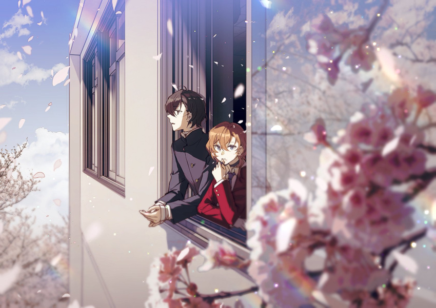 1boy 1girl :t ahoge arm_support black_eyes black_hair black_jacket blazer blue_eyes blue_necktie building buttons cherry_blossoms chewing classroom cloud cloudy_sky collared_jacket collared_shirt food gakuran highres holding holding_food jacket kleinlight leaning_out_of_window long_sleeves looking_ahead looking_at_viewer looking_outside medium_hair necktie open_mouth open_window orange_hair original own_hands_together photoshop_(medium) profile rainbow red_jacket reflection school school_uniform shirt short_hair sidelocks sky upper_body white_shirt window