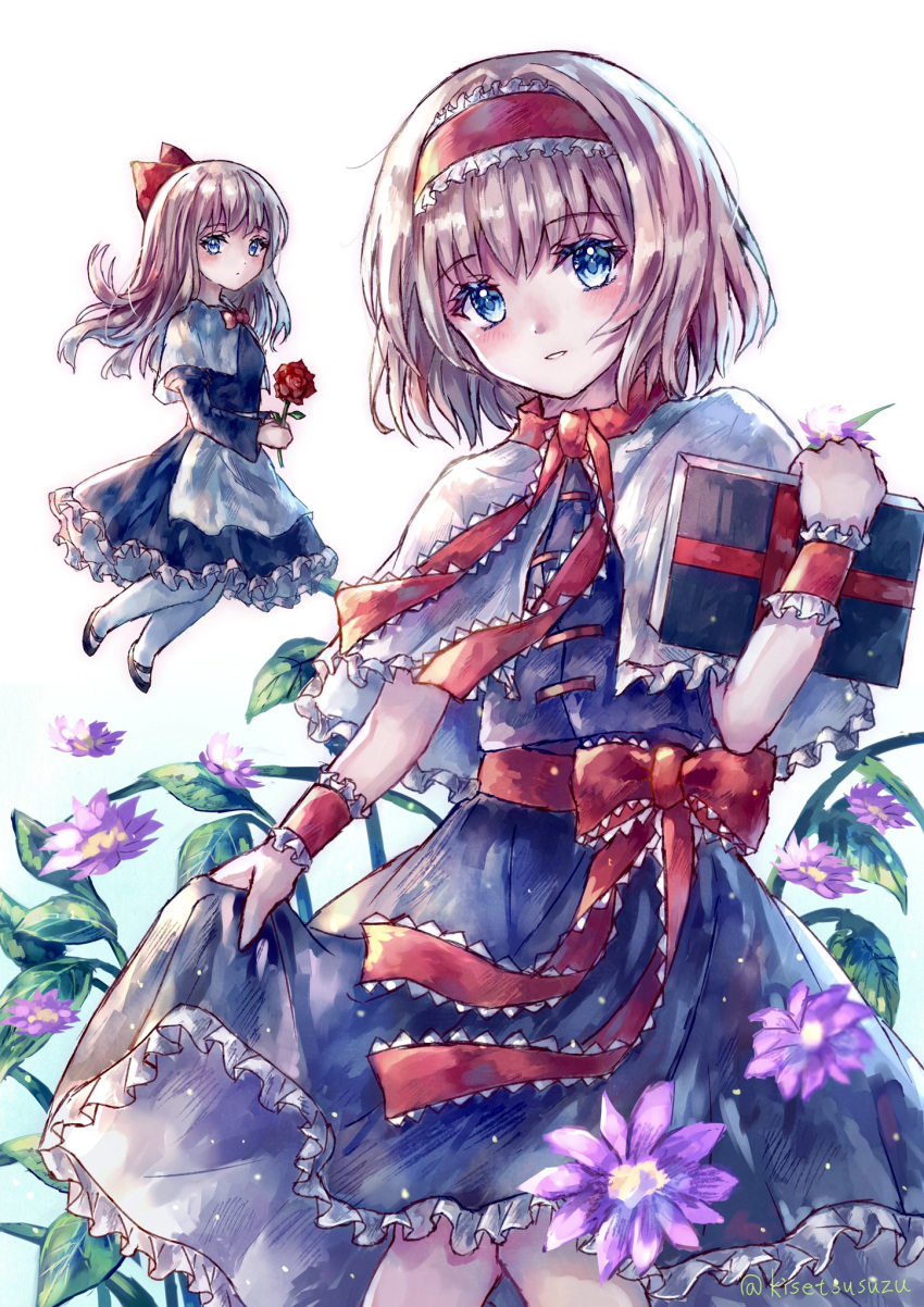 1girl alice_margatroid belt blonde_hair blue_dress blue_eyes book bow bowtie capelet doll dress flower frilled_hairband frills grimoire grimoire_of_alice hairband highres holding holding_book lolita_hairband plant red_hairband shanghai_doll short_hair solo suzushina touhou twitter_username white_capelet