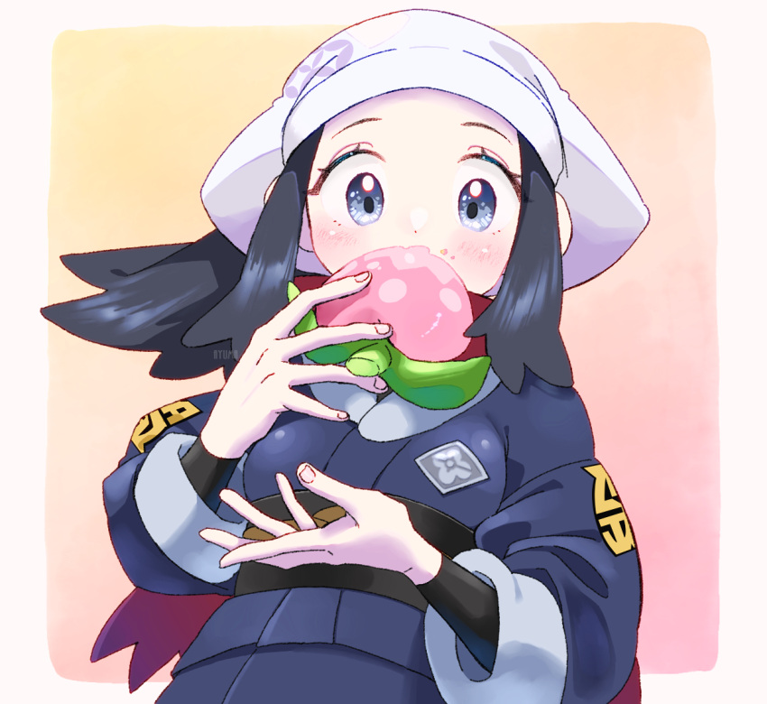 1girl akari_(pokemon) ayuma_night berry_(pokemon) black_hair black_sash black_shirt blush commentary_request eating food food_on_face head_scarf holding jacket logo long_hair looking_at_viewer looking_down pecha_berry pokemon pokemon_legends:_arceus red_scarf sash scarf shirt sidelocks skirt solo white_headwear