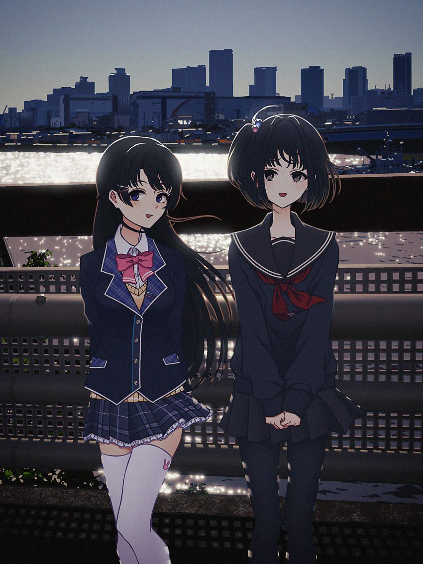 2girls :d against_railing amemori_sayo arms_behind_back bangs_pinned_back black_eyes black_hair black_pantyhose black_sailor_collar black_serafuku black_shirt black_skirt blazer blue_eyes blue_jacket blue_skirt bow bowtie cityscape clear_sky collarbone collared_shirt day hair_ornament hairpin highres jacket long_hair long_sleeves looking_at_viewer miniskirt multiple_girls neckerchief nijisanji nkymyura open_mouth outdoors own_hands_together pantyhose pink_bow pink_bowtie plaid plaid_skirt pleated_skirt railing red_neckerchief river sailor_collar school_uniform serafuku shirt short_hair sidelocks skirt sky skyline smile straight_hair thighhighs tsukino_mito virtual_youtuber water white_shirt white_thighhighs wispy_bangs zettai_ryouiki