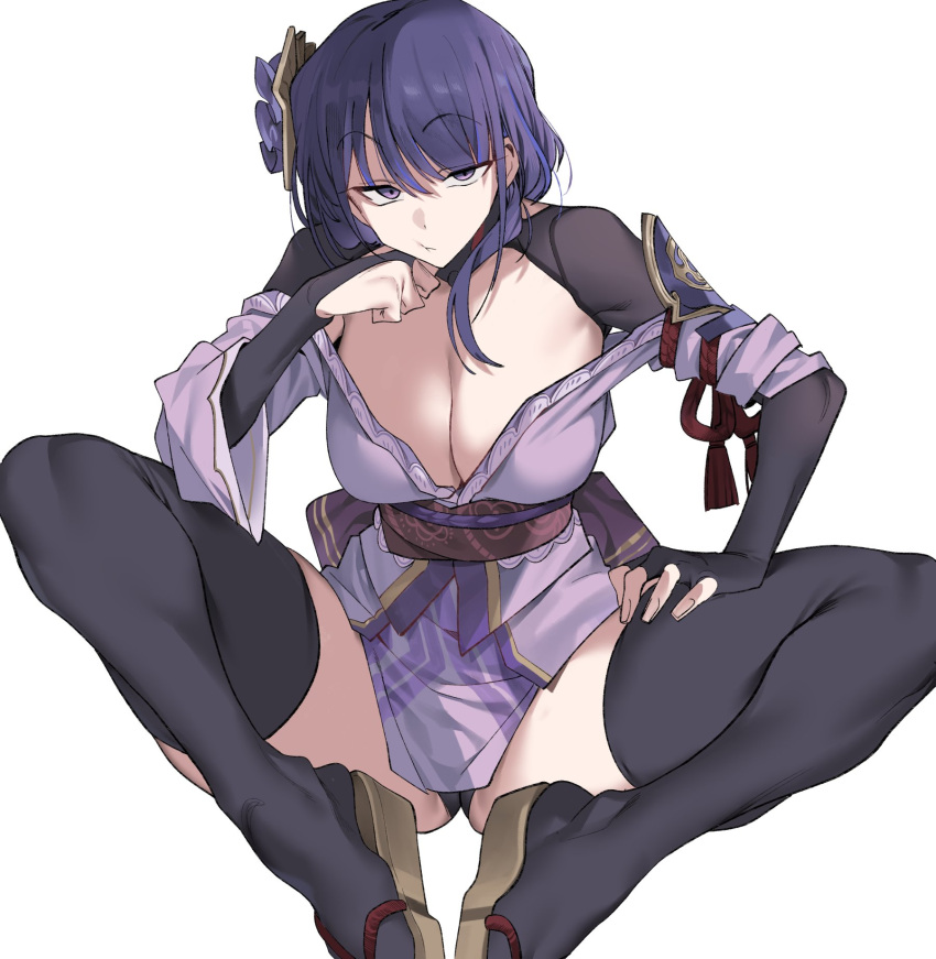 1girl :t armor black_panties black_thighhighs breasts bridal_gauntlets cleavage elbow_on_thigh genshin_impact hair_ornament hand_on_own_thigh head_rest highres japanese_armor japanese_clothes kimono large_breasts long_hair looking_at_viewer obi obijime okobo panties pantyshot purple_eyes purple_hair raiden_shogun sandals sash short_kimono shrug_(clothing) solo spread_legs thighhighs underwear urec white_background