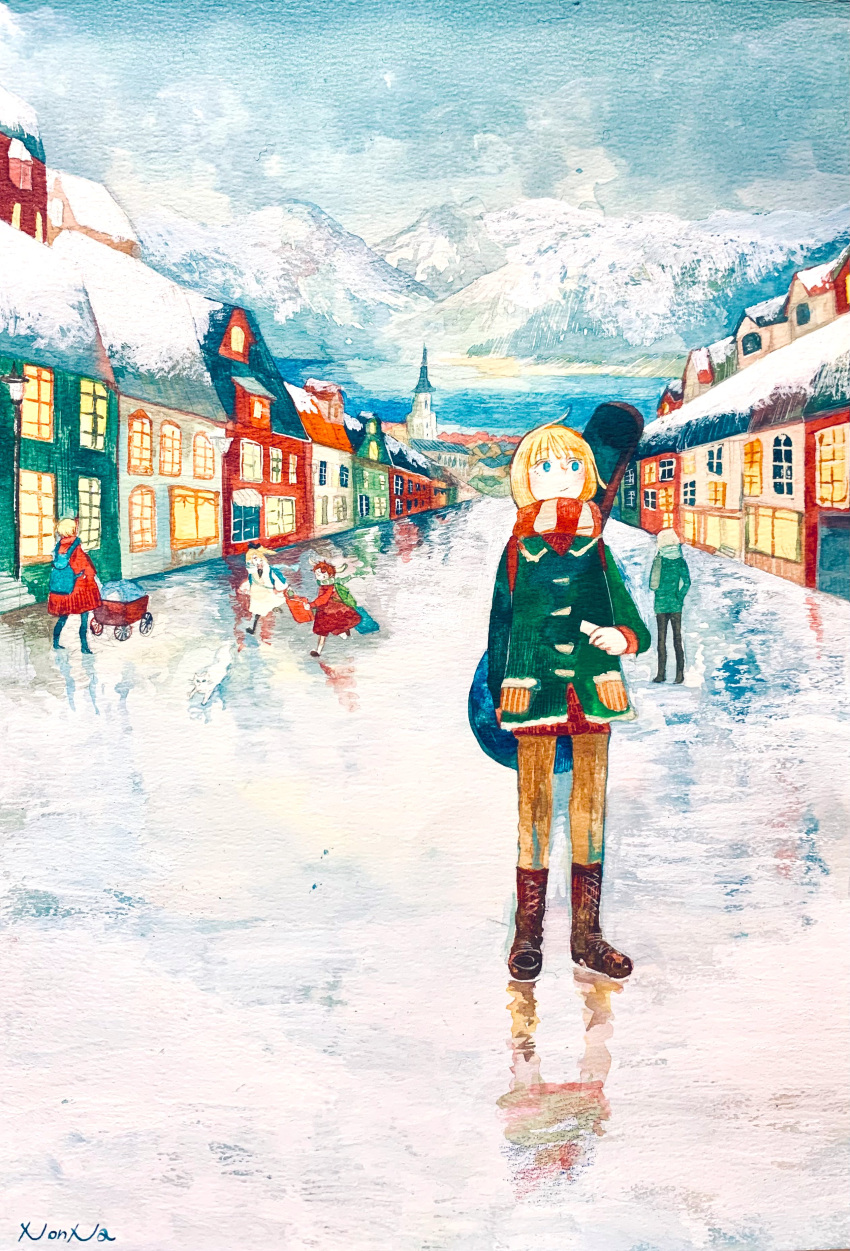 1boy 4girls absurdres artist_name blonde_hair blue_eyes boots building cat cloud coat guitar_case highres house instrument_case instrument_on_back lamppost mountain multiple_girls non_na original outdoors painting_(medium) pantyhose reflection scarf scenery short_hair signature sky snow traditional_media watercolor_(medium) white_cat window winter