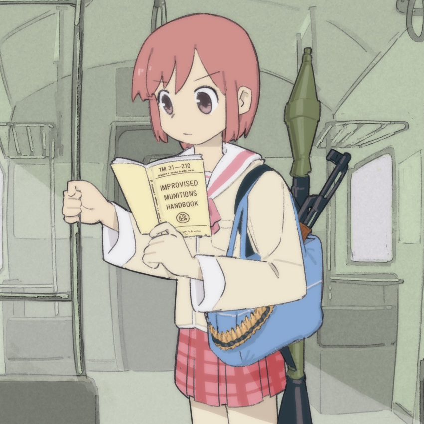 1girl ammunition_belt army_field_manual bob_cut brown_hair fubarmoe highres jacket kalashnikov_rifle nichijou plaid plaid_skirt reading red_hair red_skirt rocket_launcher rpg_(weapon) school_uniform short_hair skirt solo tachibana_misato tokisadame_school_uniform train_interior weapon yellow_jacket