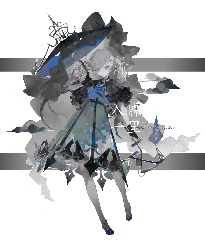 1girl black_gloves black_umbrella blue_eyes bow braid closed_mouth dress frills full_body gloves grey_hair hair_ornament highres holding holding_umbrella long_hair looking_at_viewer original see-through short_sleeves solo twintails umbrella watermark web_address white_background youliyouliv
