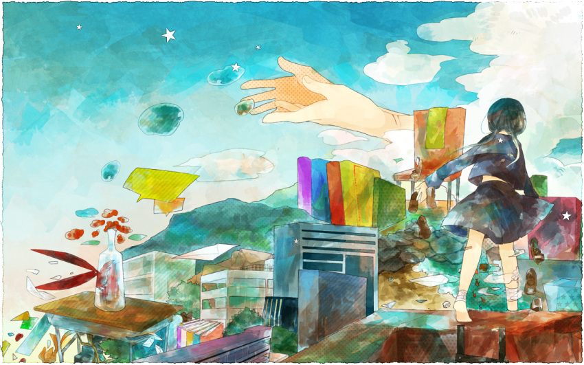 1girl bandaged_leg bandages barefoot black_hair book bottle building cloud desk disembodied_limb facing_away fish n8n2n original paper school_desk school_uniform serafuku skirt sky solo star_(symbol) surreal walking