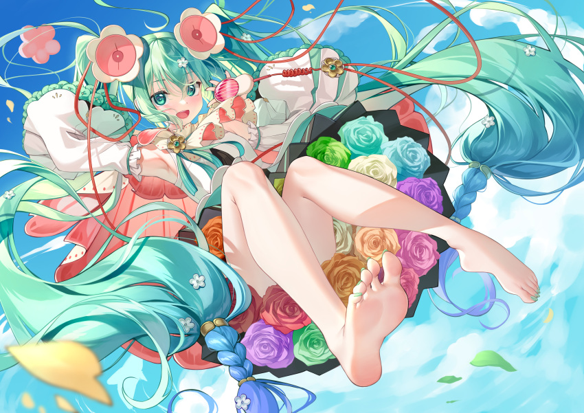 1girl :d absurdres aqua_eyes aqua_hair arm_up armpits bare_legs barefoot blue_flower blue_rose blush braid commentary_request detached_sleeves dress feet flower flower_underskirt from_below full_body green_flower green_nails green_rose hair_between_eyes hair_flower hair_ornament hair_ribbon hand_up hatsune_miku headset highres holding holding_microphone long_hair long_sleeves looking_at_viewer magical_mirai_(vocaloid) magical_mirai_miku magical_mirai_miku_(2021) meion microphone nail_polish open_mouth orange_flower orange_rose petals pink_flower pink_rose purple_flower purple_rose red_flower red_ribbon red_rose ribbon rose smile soles solo spring_onion thighhighs toenail_polish toenails toes twintails very_long_hair vocaloid white_dress white_flower white_rose wide_sleeves
