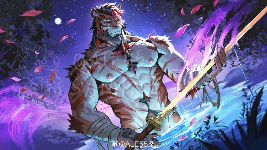 1boy abs absurdres ale55 bara beard facial_hair flower full_beard fundoshi furry furry_male glowing glowing_sword glowing_weapon highres holding holding_sword holding_weapon japanese_clothes lake large_pectorals looking_at_viewer male_focus mature_male muscular muscular_male navel night night_sky nipples original partially_submerged pectorals petals rose short_hair sky solo standing sword thick_beard thick_eyebrows thick_navel_hair topless_male two-tone_body_hair watermark weapon wet wet_clothes wet_fundoshi
