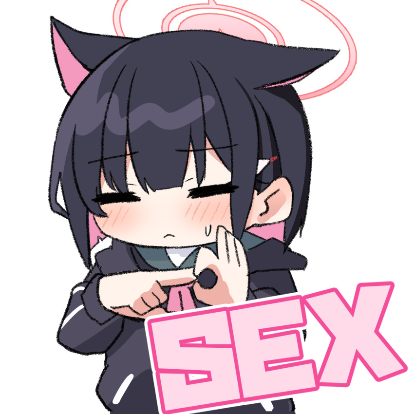 1girl animal_ears black_choker black_hair black_jacket blue_archive blush cat_ears chibi choker closed_eyes colored_inner_hair english_text extra_ears flame_tsukushi hair_ornament hairclip halo highres jacket kazusa_(blue_archive) long_sleeves multicolored_hair ok_sign penetration_gesture pink_hair pink_halo short_hair solo sweatdrop transparent_background two-tone_hair upper_body