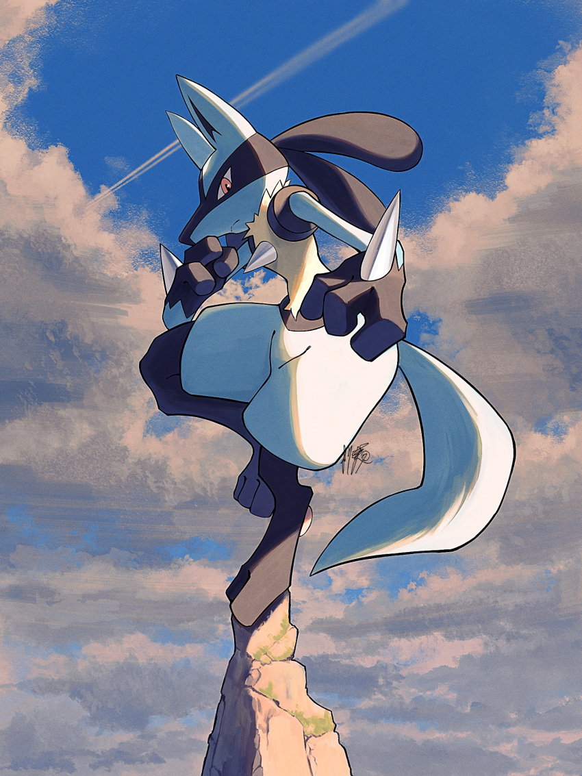 closed_mouth cloud commentary_request day frown full_body highres kuchiba_(jret2454) looking_down lucario outdoors pink_eyes pokemon pokemon_(creature) signature sky solo standing standing_on_one_leg