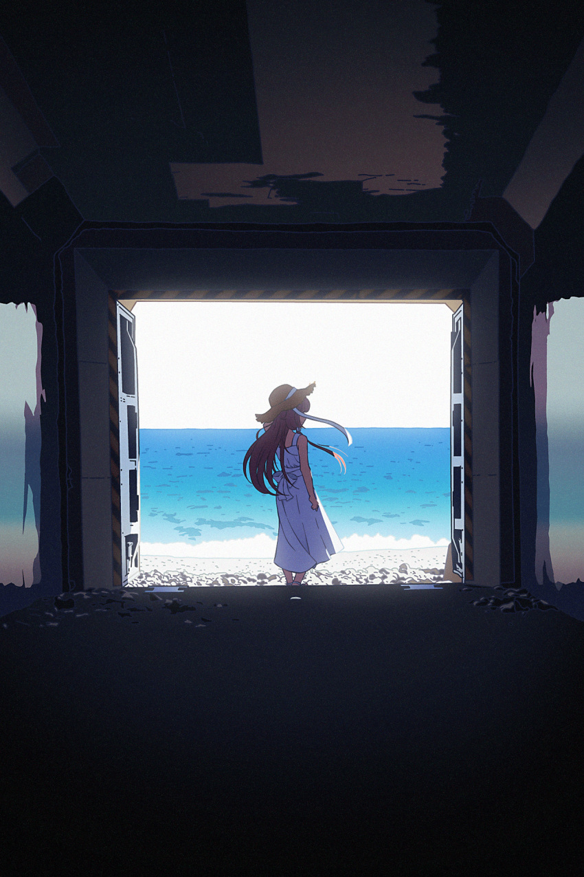 1girl arm_at_side bare_shoulders brown_headwear dress facing_to_the_side from_inside hat highres horizon long_dress long_hair nijisanji nkymyura ocean open_door pink_hair ribbon sidelocks sleeveless sleeveless_dress sliding_doors solo straw_hat sundress suo_sango vault_door virtual_youtuber water white_dress white_ribbon wide_shot