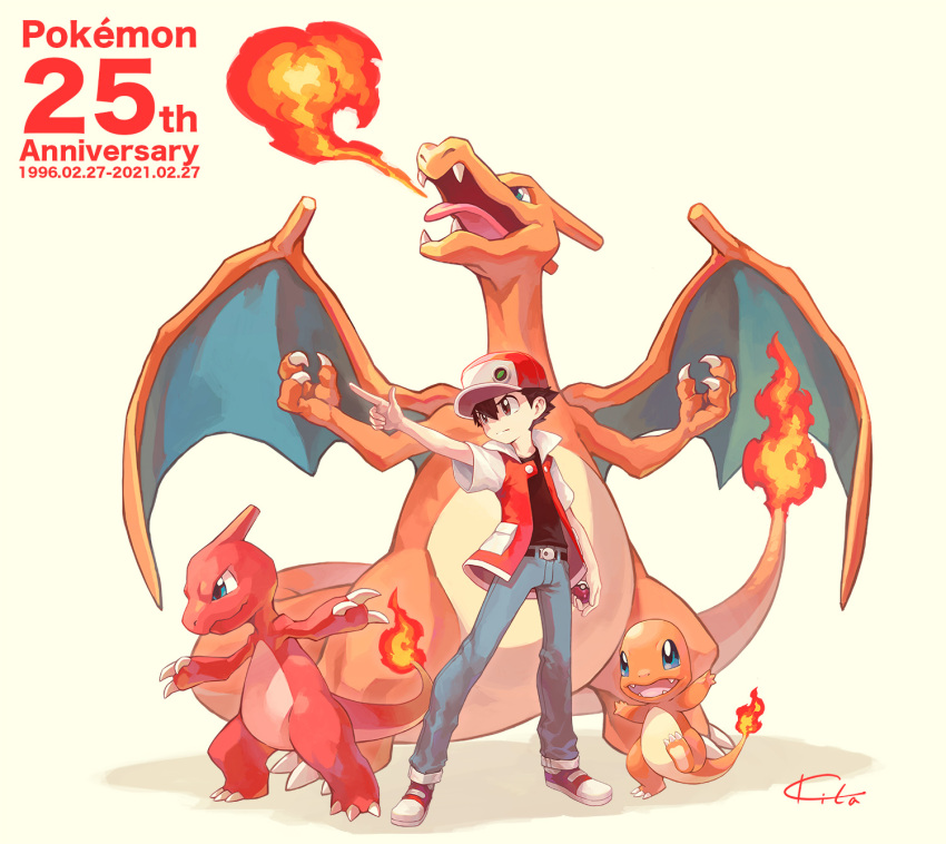 1boy anniversary baseball_cap blue_pants brown_eyes brown_hair charizard charmander charmeleon commentary_request evolutionary_line fire hat highres holding holding_poke_ball jacket kitakaze_tomohiro male_focus multicolored_clothes multicolored_jacket pants pointing poke_ball poke_ball_(basic) pokemon pokemon_(creature) pokemon_rgby red_(pokemon) serious short-sleeved_jacket short_sleeves signature two-tone_jacket wings