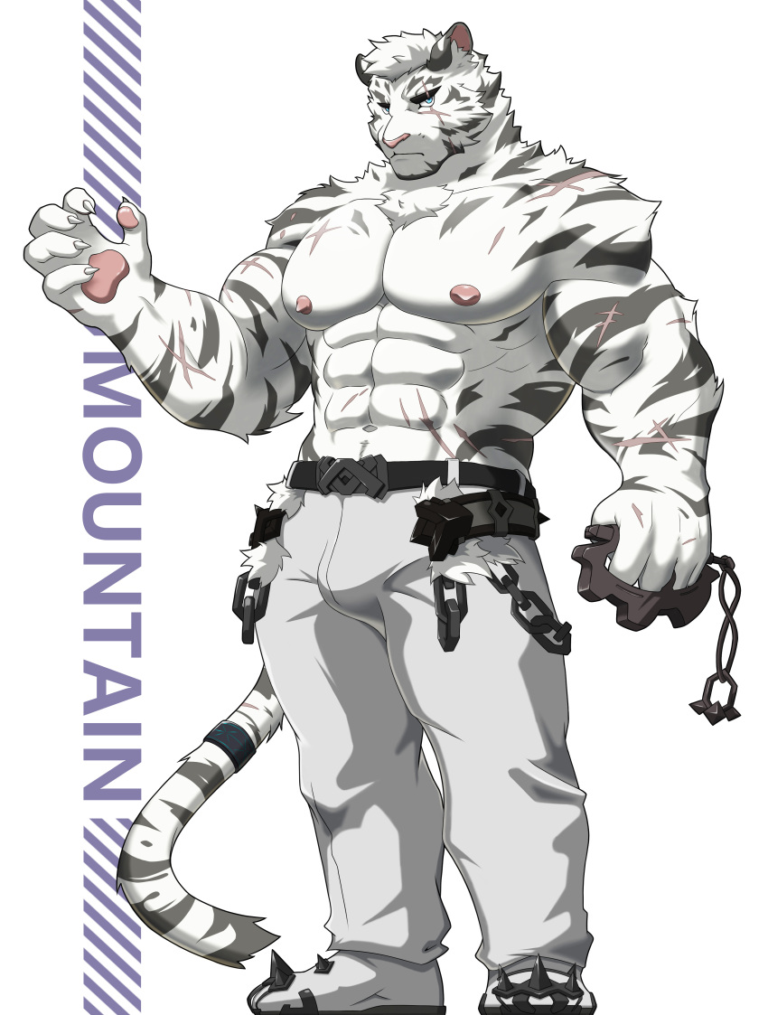 1boy abs absurdres animal_ears arknights bara bulge furry furry_male hazama_jin highres large_pectorals looking_at_viewer male_focus mountain_(arknights) muscular muscular_male navel nipples pants pectorals scar scar_across_eye scar_on_arm short_hair solo standing strongman_waist thick_eyebrows tiger_boy tiger_ears topless_male white_fur white_hair