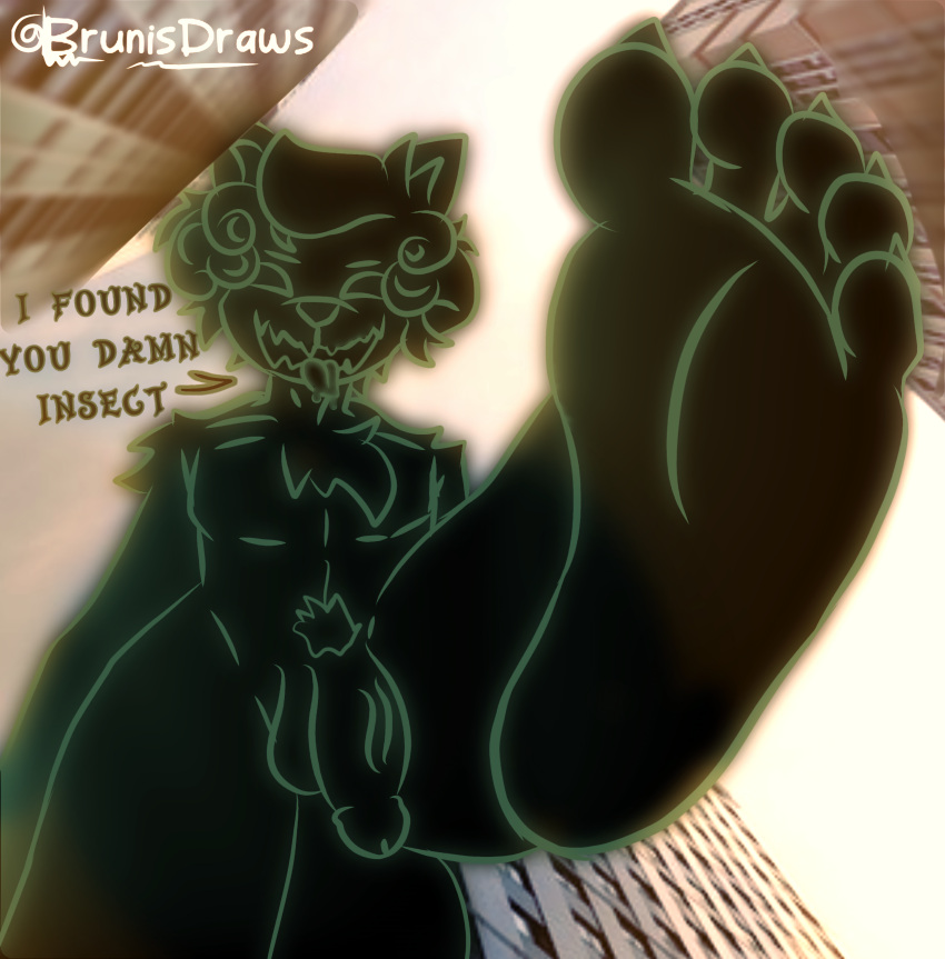 5_toes absurd_res anthro balls big_feet big_penis bodily_fluids brunisdraws building canid canine canis city city_background claws clothing dialogue ears_up english_text extreme_size_difference fabri_(brunisdraws) fangs feet foot_fetish foot_focus footwear fur genitals green_body green_eyes green_fur hair hi_res high_heels humanoid humanoid_feet legwear light lights male mammal nose nude penis plantigrade pov_blowjob saliva shadow_creature size_difference soles solo speech_bubble spread_legs spreading structure sunlight sunset tail teeth text thigh_highs toes tongue tongue_out vein veiny_penis wolf