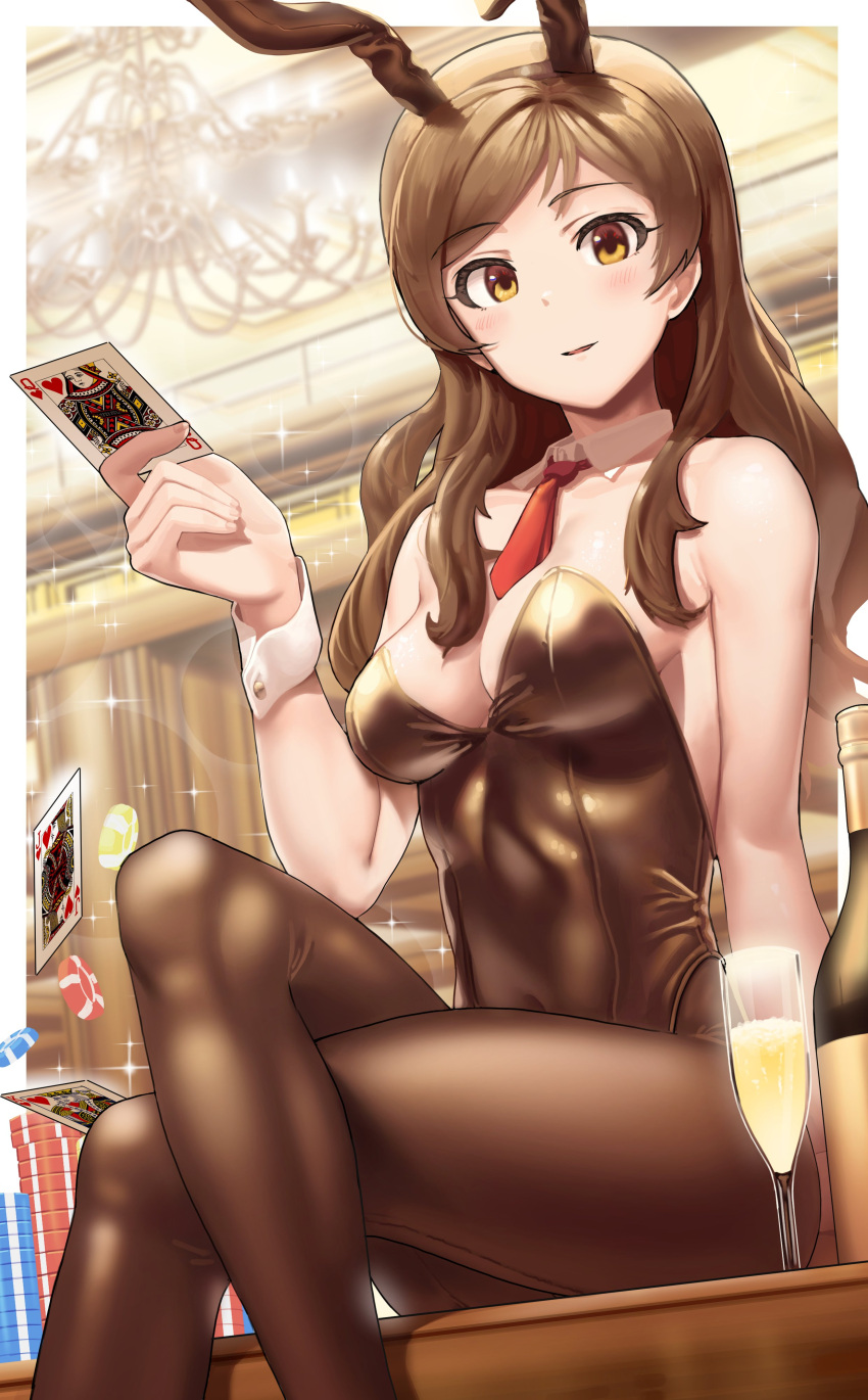 1girl absurdres alcohol animal_ears bare_shoulders blush breasts brown_eyes brown_hair brown_leotard brown_pantyhose card ceiling chandelier cleavage collar collarbone covered_navel crossed_legs detached_collar dot_nose fake_animal_ears from_below grass highres holding holding_card idolmaster idolmaster_million_live! idolmaster_million_live!_theater_days indoors jack_(playing_card) king_(playing_card) kitazawa_shiho lens_flare leotard long_hair looking_at_viewer medium_breasts necktie pantyhose parted_lips playboy_bunny playing_card poker_chip queen_(playing_card) rabbit_ears red_necktie sitting smile solo sparkle strapless strapless_leotard surps white_collar white_wrist_cuffs wrist_cuffs