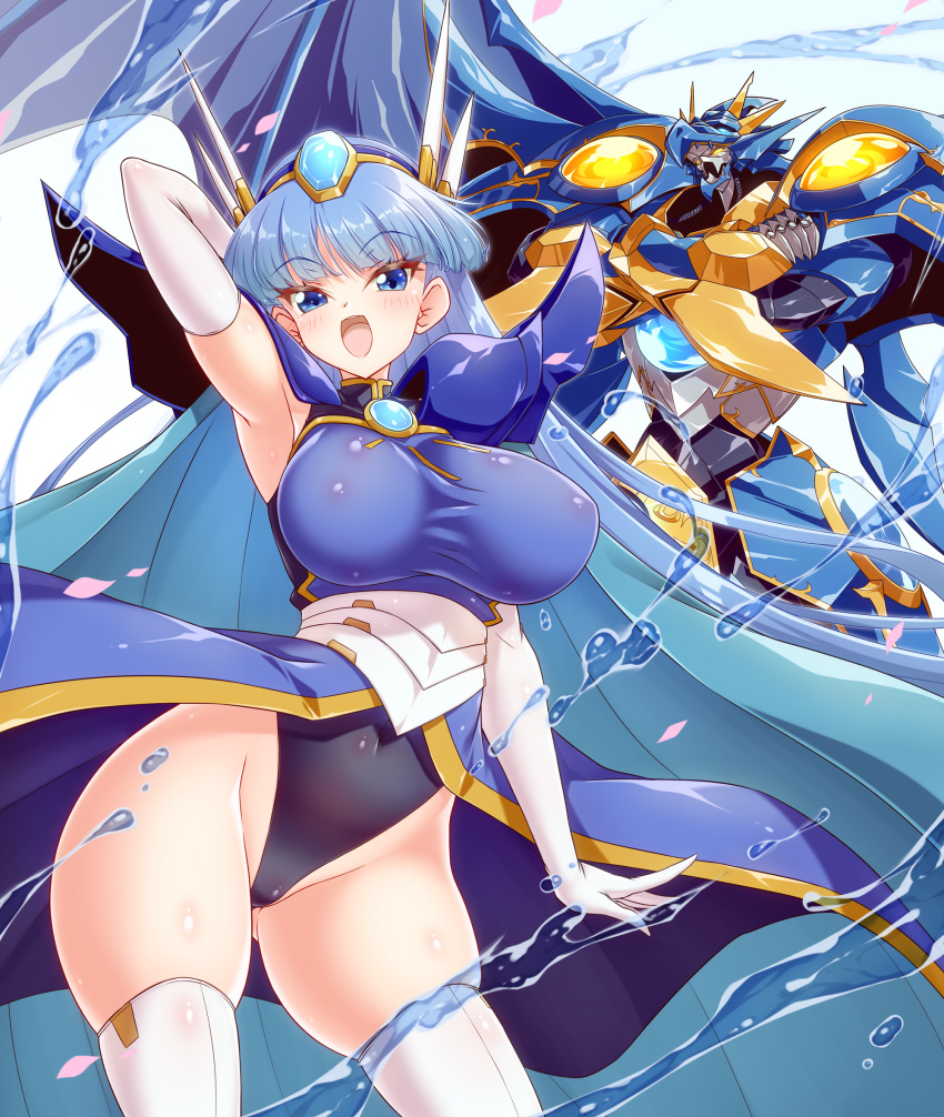 1girl armor blue_eyes blue_hair blue_hairband blue_skirt breasts ceres_(rayearth) hairband highres large_breasts leotard long_hair looking_at_viewer magic_knight_rayearth mashin mecha open_mouth robot ryuuzaki_umi showgirl_skirt skirt smile super_robot thigh_gap thighhighs thighs water white_thighhighs wings yakisoba_(kaz2113)