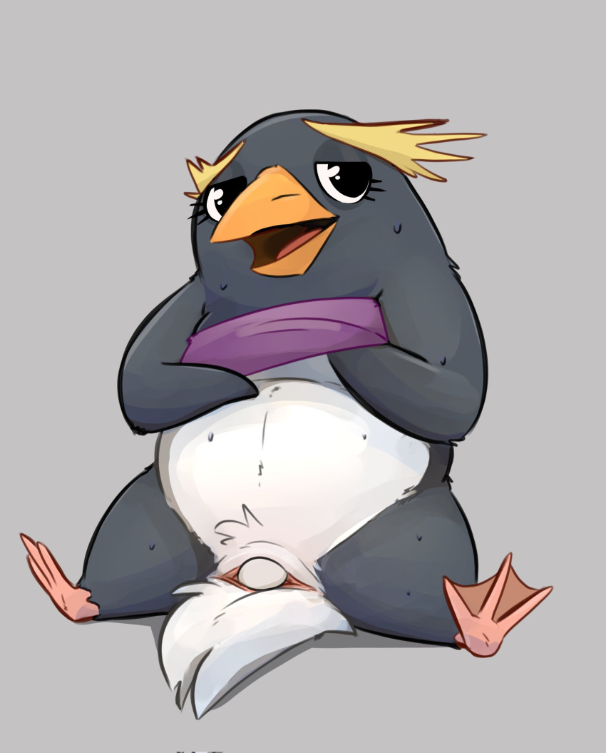 anthro anus avian beak bird bodily_fluids clothed clothing clothing_lift egg female feral flippers fur hi_res honeymono looking_at_viewer narrowed_eyes open_mouth oviposition partially_clothed penguin presenting semi-anthro simple_background sitting slit sweat sweatdrop