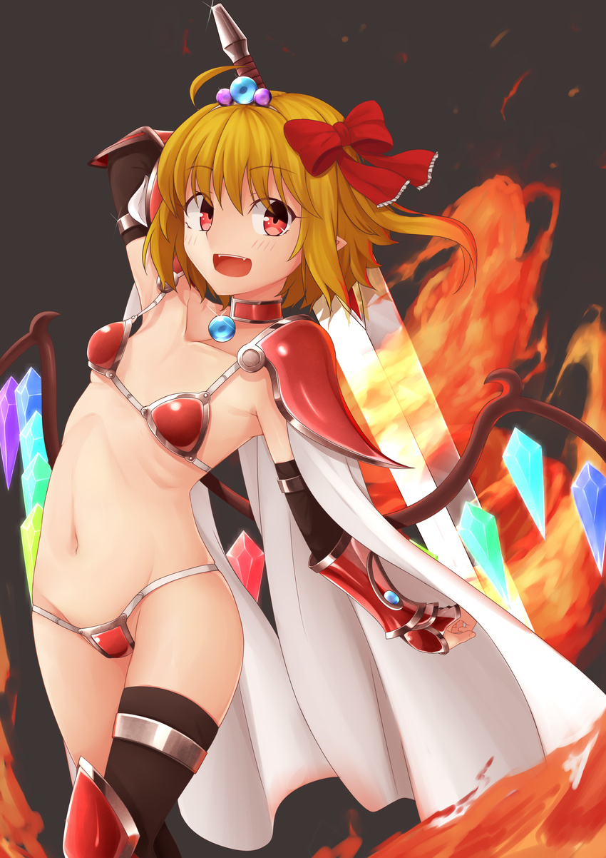 absurdres armor bikini bikini_armor black_legwear blonde_hair breasts cape commentary_request cosplay elizabeth_bathory_(brave)_(fate) elizabeth_bathory_(brave)_(fate)_(cosplay) elizabeth_bathory_(fate)_(all) fangs fate/grand_order fate_(series) flandre_scarlet greatsword groin highres loose_bikini micro_bikini red_eyes ribs silver_trim single_thighhigh small_breasts solo swimsuit tenneko_yuuri thighhighs touhou undersized_clothes wings