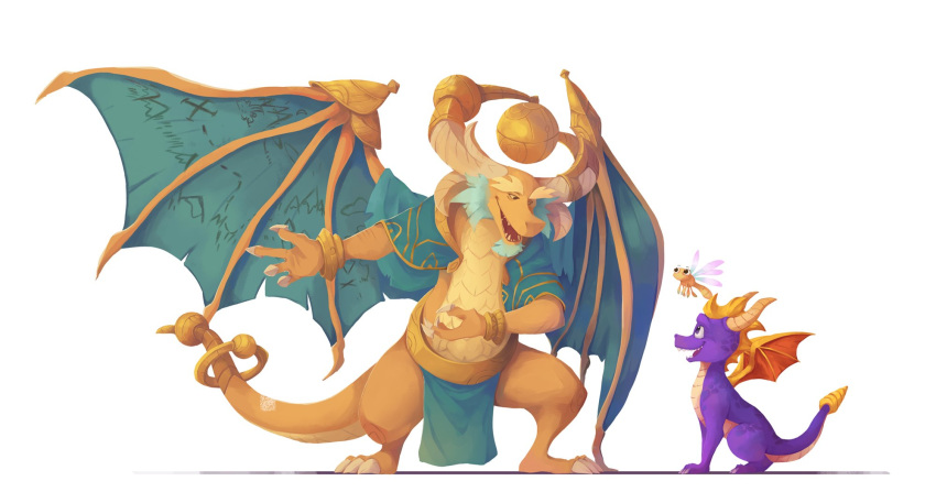 anthro arthropod claws clothed clothing dragon dragonfly facial_hair fangs feral group hi_res insect lowergold lowerkuo male open_mouth open_smile simple_background smile spyro spyro_reignited_trilogy spyro_the_dragon video_games white_background