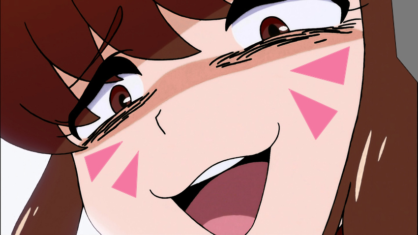 :3 :d bags_under_eyes brown_eyes brown_hair close-up colorized d.va_(gremlin) d.va_(overwatch) d.va_main facepaint highres jakuzure_nonon jpeg_artifacts kill_la_kill open_mouth overwatch parody self_upload smile smug sneer solo