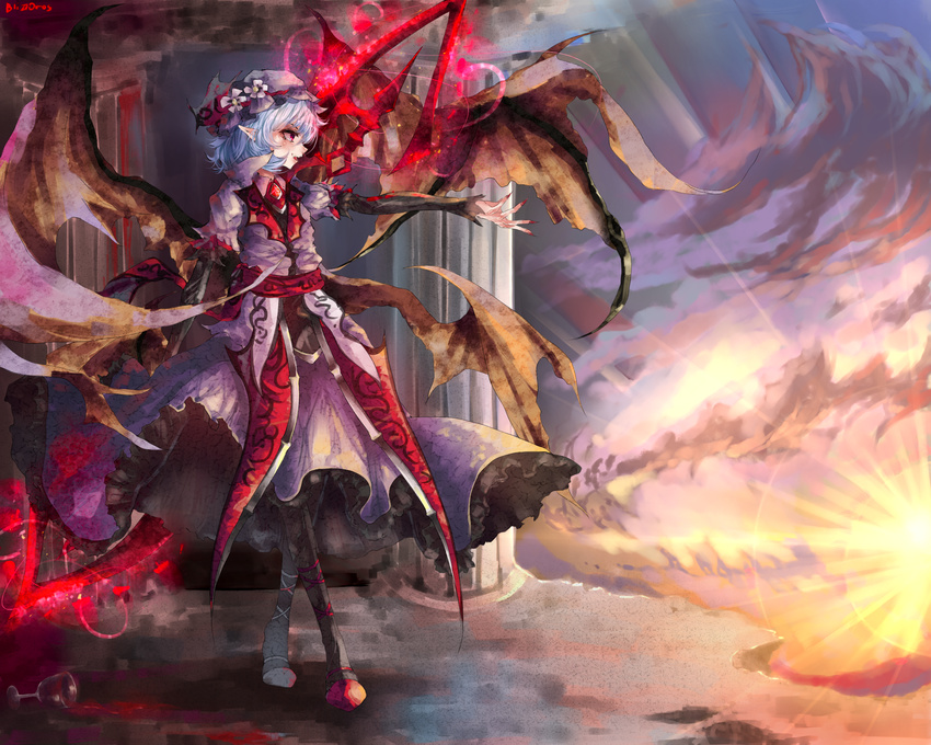 &gt;:) bangs bat_wings blizzomos blue_hair commentary dress fang fingernails full_body hat highres holding holding_weapon juliet_sleeves koumajou_densetsu long_sleeves looking_away mob_cap nail_polish parted_lips pink_dress pointy_ears puffy_sleeves red_eyes red_nails remilia_scarlet sash sharp_fingernails short_hair smile solo spear_the_gungnir standing sunlight touhou v-shaped_eyebrows weapon wings