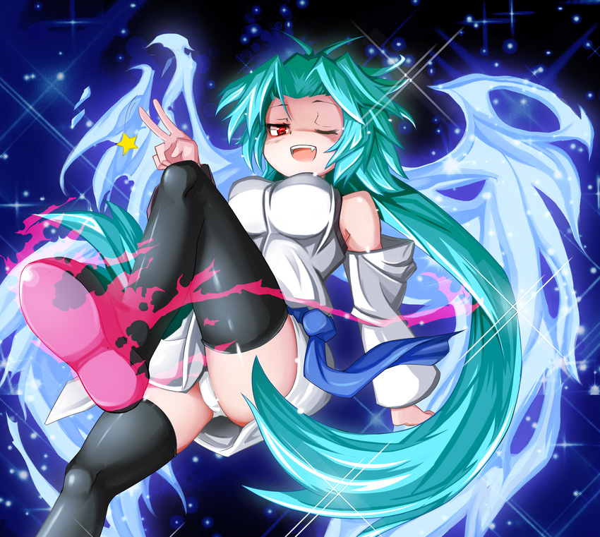 1girl bare_shoulders breasts duel_monster effect_veiler fangs female green_hair one_eye_closed open_mouth panties red_eyes sash smile solo spirit-edge star upskirt v white_panties wings yu-gi-oh! yuu-gi-ou_duel_monsters