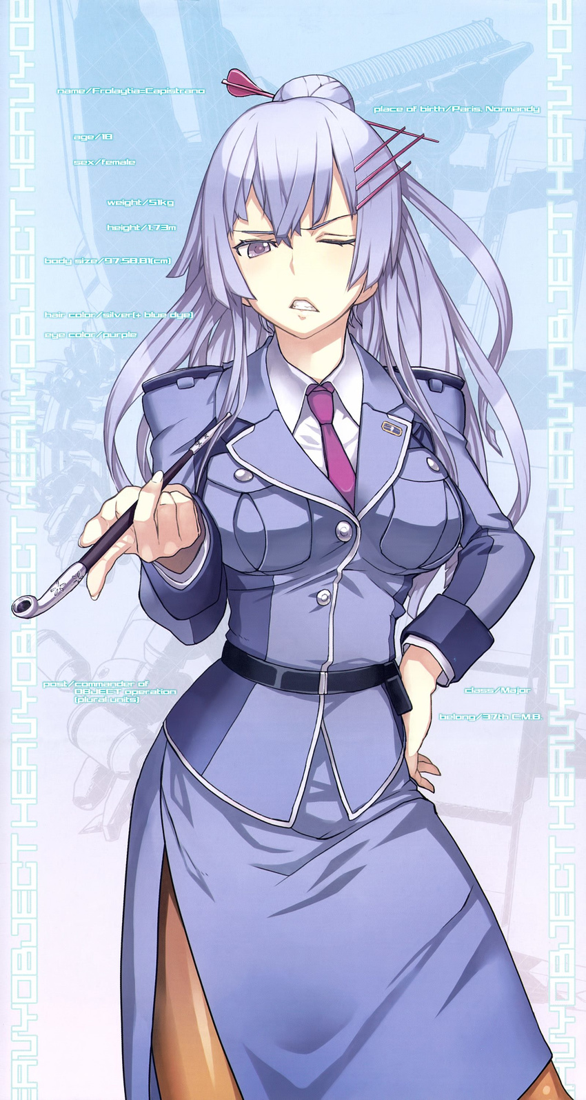 absurdres blue_hair frolaytia_capistrano hair_ornament hairpin hand_on_hip heavy_object high_ponytail highres holding long_hair looking_at_viewer military military_uniform nagi_ryou necktie one_eye_closed pantyhose purple_eyes purple_neckwear solo uniform