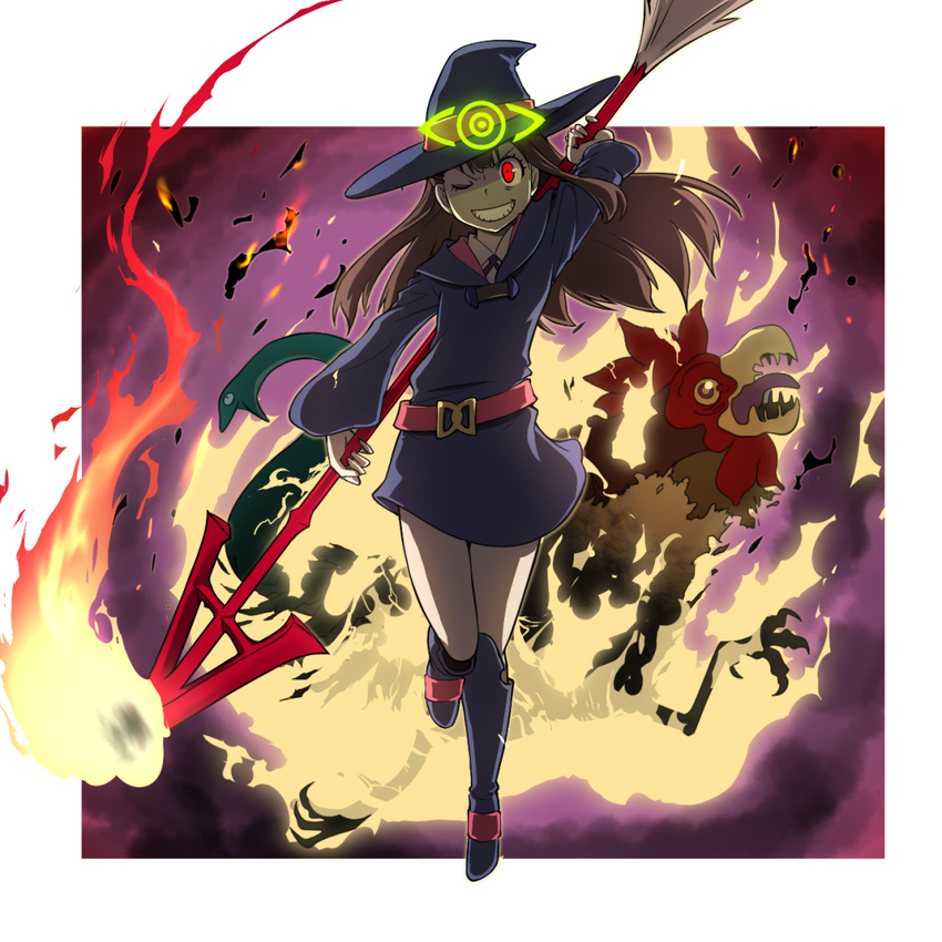 ;d boots broom brown_hair burning cockatrice commentary_request crazy_grin death fire full_body glowing glowing_eye grin hat kagari_atsuko knee_boots little_witch_academia long_hair momojiri_tarou one_eye_closed open_mouth polearm red_eyes smile spear straight_hair weapon witch witch_hat