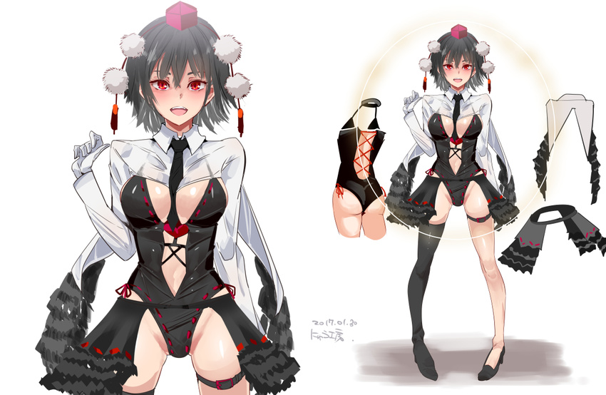 :d ass black_hair black_legwear blush breasts gloves hat large_breasts looking_at_viewer multiple_views necktie nyuu_(manekin-eko) open_mouth red_eyes shameimaru_aya short_hair single_thighhigh smile teeth thigh_strap thighhighs touhou white_gloves