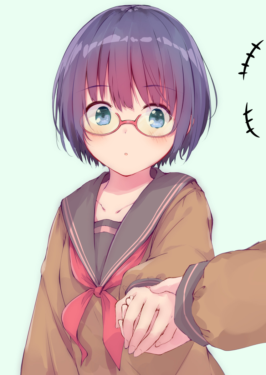 1girl 1other :o absurdres ambiguous_gender aqua_background bangs black_sailor_collar blue_eyes blue_hair blush brown_shirt collarbone commentary_request eyebrows_visible_through_hair glasses hand_holding highres long_sleeves looking_down nakadadaichi neckerchief notice_lines original parted_lips red-framed_eyewear red_neckwear sailor_collar sanpaku school_uniform semi-rimless_eyewear serafuku shirt short_hair sidelocks simple_background solo_focus tareme under-rim_eyewear upper_body