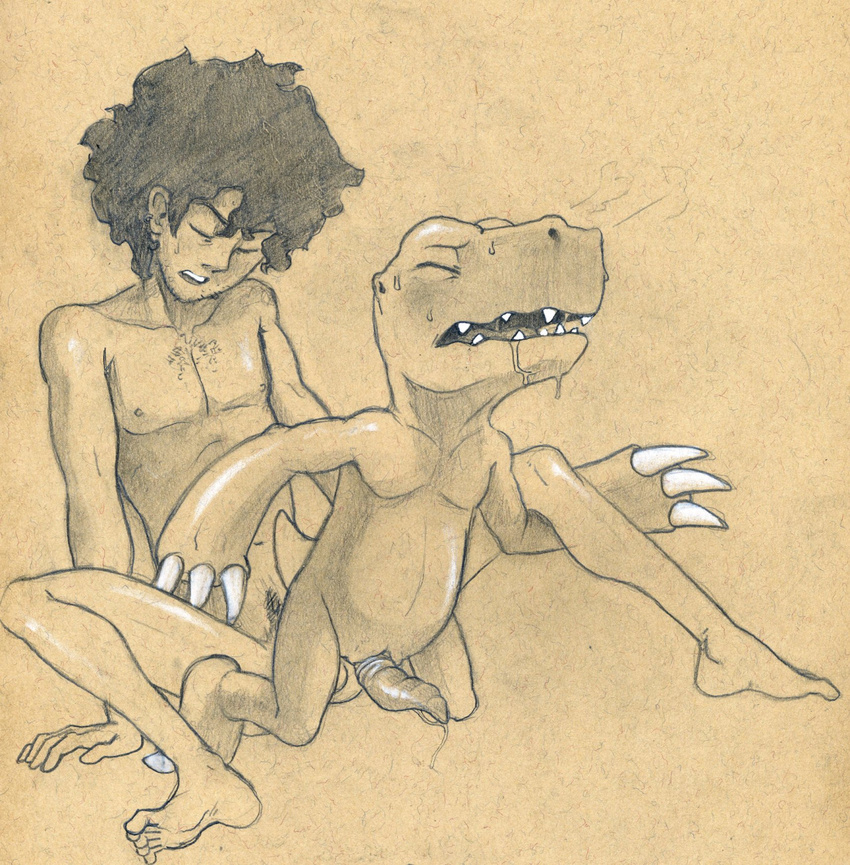 agumon anal animal_genitalia anthro arm_around_legs big_dom_small_sub blush digimon digiphilia dinosaur drooling duo erection eyes_closed genital_slit handpaw human kneeling male male/male mammal nude open_mouth paws precum precum_string saliva semi-anthro size_difference slit spread_legs spreading straining sweat tush