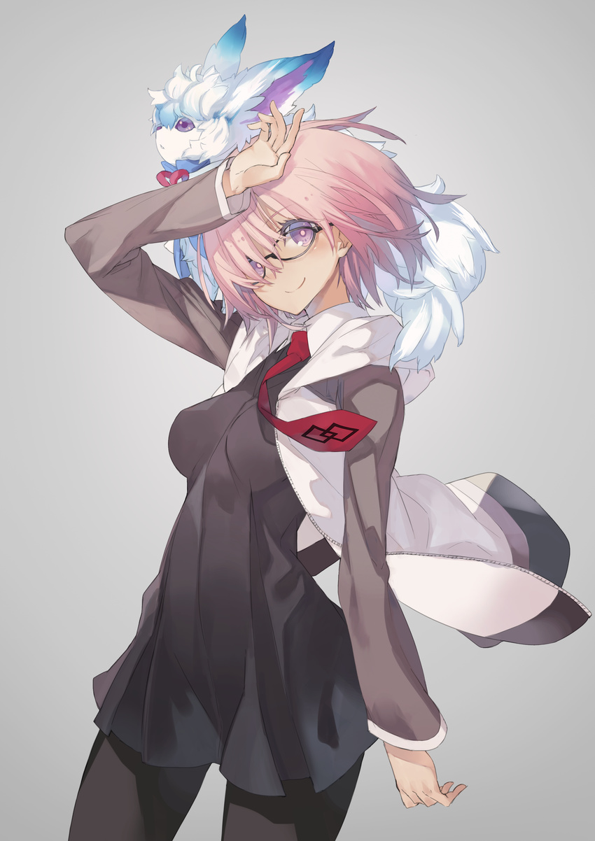 absurdres black_legwear breasts fate/grand_order fate_(series) fou_(fate/grand_order) glasses highres hood hooded_jacket jacket looking_at_viewer mash_kyrielight md5_mismatch medium_breasts mk_(masatusaboten) necktie pink_hair purple_eyes short_hair smile