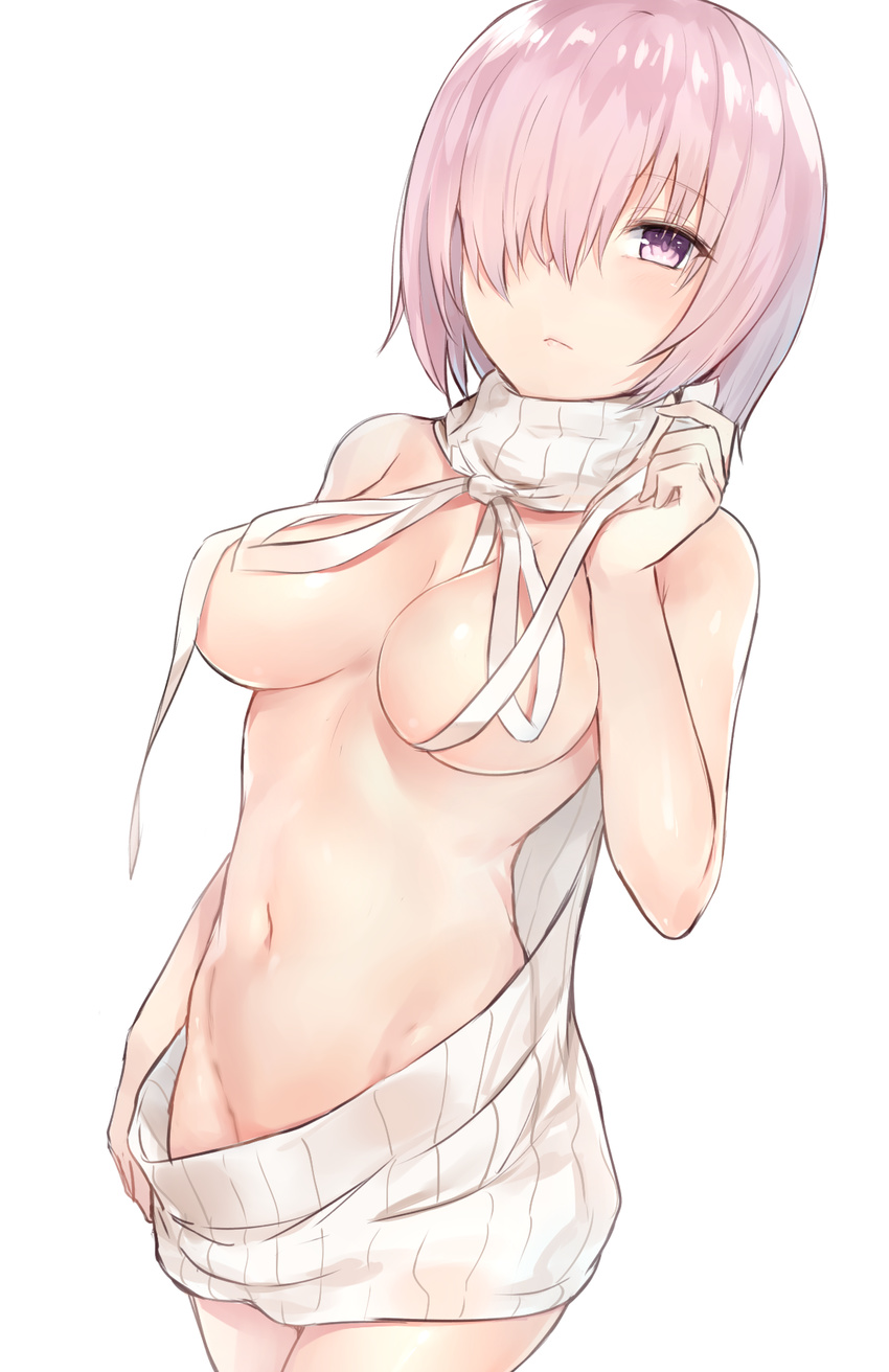 backless_dress backless_outfit breasts cowboy_shot dress fate/grand_order fate_(series) hair_over_one_eye halterneck highres kyouki large_breasts looking_at_viewer mash_kyrielight meme_attire naked_sweater navel purple_eyes purple_hair ribbed_sweater short_hair simple_background sketch sleeveless sleeveless_turtleneck solo sweater sweater_dress turtleneck turtleneck_sweater virgin_killer_sweater wardrobe_error white_background