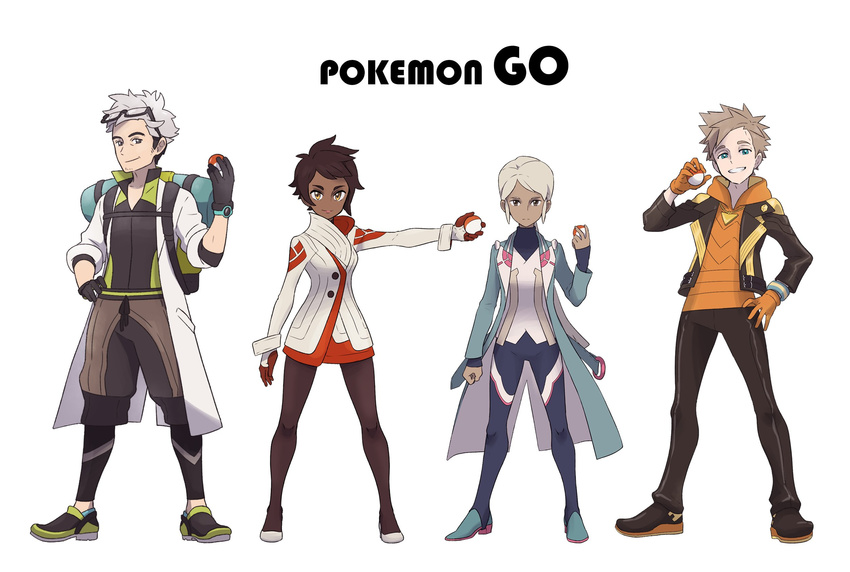 2girls androgynous bad_id bad_twitter_id black_gloves black_jacket blanche_(pokemon) blue_eyes blue_jacket bodysuit brown_eyes brown_hair candela_(pokemon) clenched_hand coat copyright_name dark_skin expressionless eyewear_on_head full_body gloves grey_eyes grey_hair grin hand_on_hip high_heels highres holding holding_poke_ball hood hoodie jacket jewelry labcoat legs_apart lineup lipstick long_hair long_sleeves looking_at_viewer makeup multicolored_hair multiple_boys multiple_girls official_style orange_gloves outstretched_arm pantyhose parody pendant poke_ball pokemon pokemon_go ponytail red_gloves redlhzz shoes short_hair sidelocks silver_hair simple_background smile sneakers spark_(pokemon) style_parody two-tone_hair watch white_background willow_(pokemon) wristband yellow_eyes