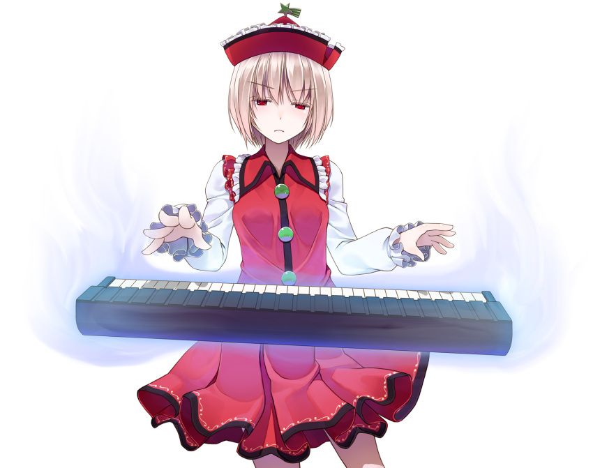 1girl blonde_hair buttons closed_mouth commentary_request cowboy_shot crote frilled_shirt frilled_sleeves frills half-closed_eyes hat highres instrument large_variant_set legs_apart long_sleeves looking_at_viewer lyrica_prismriver open_hands piano red_eyes red_hat red_shirt shirt shoes short_hair skirt skirt_set sleeves_past_wrists solo tachi-e touhou transparent_background v-shaped_eyebrows variant_set white_shirt