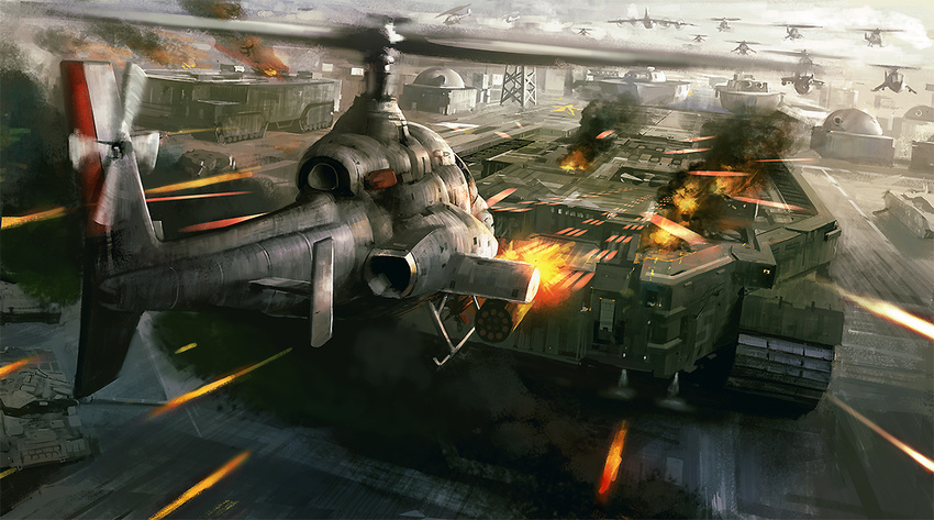 aircraft army battle building bunker burning cannon caterpillar_tracks damaged epic firing fleet flying gameplay_mechanics ground_vehicle helicopter landship military military_vehicle missile motion_blur motor_vehicle no_humans noba realistic rocket_launcher smoke tank tiger_heli tower turret twin_cobra video_game war weapon