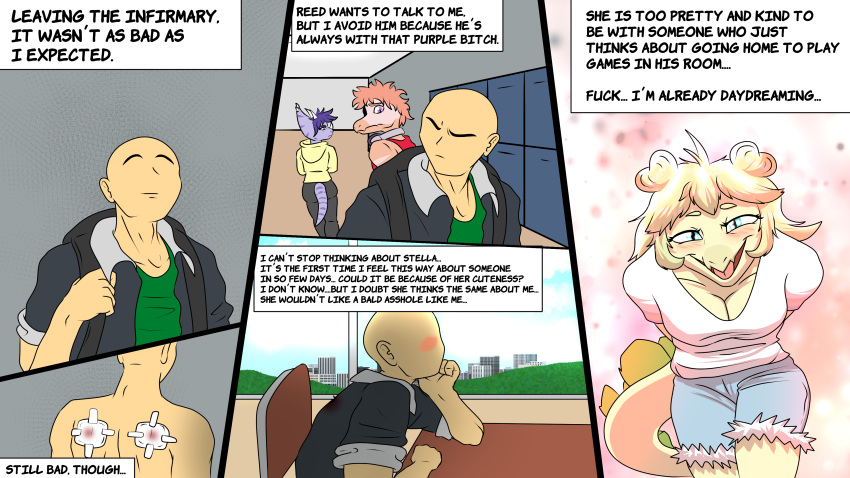 16:9 4k absurd_res angry annoyed anon_(snoot_game) anthro bald bandage bent_over biped blood blue_eyes blush bodily_fluids bottomwear breasts cavemanon_studios ceratopsian ceratopsid chasmosaurine clothed clothed_anthro clothed_female clothed_human clothed_male clothing cloud colored comic day daydream denim denim_bottomwear denim_clothing denim_shorts dinosaur dromaeosaurid english_text female front_view frown fuegosonic93 goodbye_volcano_high green_clothing green_shirt green_topwear grey_bottomwear grey_clothing grey_jacket grey_pants grey_topwear group hair hair_bun hallway happy head_turned hi_res hoodie horn human inside jacket ko_op_(game_developer) long_hair looking_at_another looking_back male male/female mammal marginocephalian markings medium_breasts non-mammal_breasts open_clothing open_jacket open_mouth open_smile open_topwear ornithischian pants pink_body pink_hair prehistoric_species profanity purple_eyes purple_hair rear_view red_clothing red_shirt red_tank_top red_topwear reed_(gvh) reptile sad saurischian scalie school shaded shirt short_hair shorts sitting sky smile snoot_game spiked_tail spikes spikes_(anatomy) stegosaurian stegosaurus stella_(gvh_beta) striped_markings stripes tail tank_top text theropod thinking thyreophoran topwear triceratops trish_(gvh) twin_buns velociraptor white_clothing white_shirt white_topwear widescreen window yellow_clothing yellow_hoodie yellow_topwear