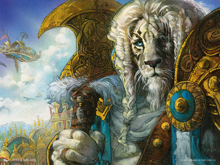 ajani_goldmane anthro beard eye_scar facial_hair feline holding_object holding_weapon leonin lion looking_at_viewer magic_the_gathering male mammal monk's_spade official_art scar signature solo terese_nielsen traditional_media_(artwork) weapon whiskers
