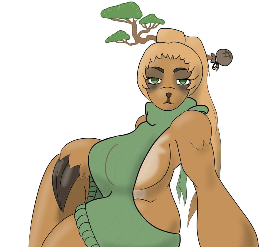 big_breasts breasts claws clothing female fur mammal open_back_sweater plant ponytail simple_background sloth solo sweater tartaurus