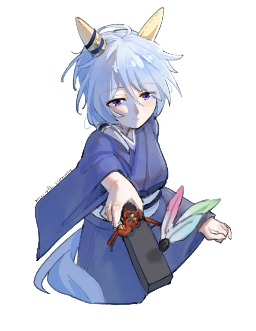 1girl animal_ears blue_eyes blue_hair blue_kimono blush breasts closed_mouth commentary_request ear_covers hagoita hair_between_eyes hane_(hanetsuki) hanetsuki highres holding holding_paddle horse_ears horse_girl horse_tail japanese_clothes k.s.miracle_(umamusume) kimono long_sleeves obi paddle saramiao-chan sash short_hair simple_background solo tail umamusume white_background wide_sleeves