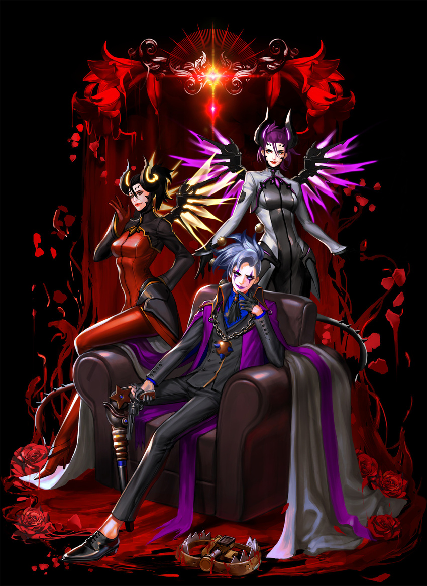 2girls absurdres alternate_costume armchair black_footwear black_gloves black_hair black_jacket black_pants blood blue_eyes blue_hair blue_shirt bodysuit boots breasts buttons cape chain_necklace chair closed_mouth collared_shirt dark_persona demon_girl demon_horns demon_tail devil_mercy dress_shirt dual_persona eyeshadow facepaint facial_mark faulds flower forehead_mark formal full_body gloves glowing glowing_wings gun handgun high_heel_boots high_heels highres holding holding_gun holding_weapon horns imp_mercy jacket jester jester_junkrat junkrat_(overwatch) knee_boots lipstick long_sleeves looking_at_viewer lsr makeup mechanical_wings medium_breasts mercy_(overwatch) multiple_girls otoko_no_ko overwatch pale_skin pants pantyhose parted_lips peg_leg pelvic_curtain pistol ponytail purple_eyes purple_lips purple_lipstick purple_wings red_bodysuit red_flower red_footwear red_gloves red_lips red_rose revolver rose shirt shoes short_hair sitting spread_wings suit tail trigger_discipline turtleneck weapon wings yellow_eyes yellow_wings