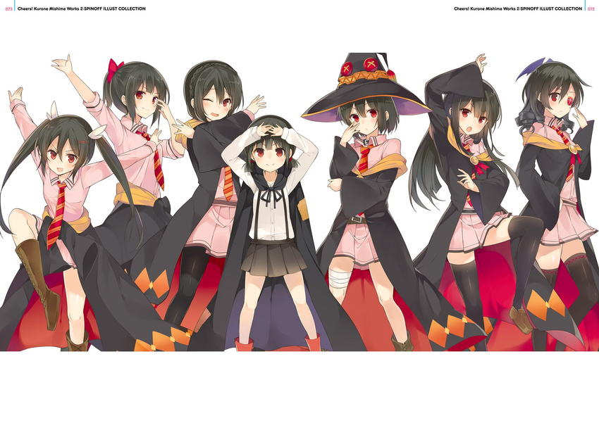 arm_up arue_(konosuba) black_hair black_hat black_legwear black_ribbon black_skirt cape chomusuke clothes_around_waist dodonko_(konosuba) dress_shirt eyepatch funifura hair_ornament hand_on_hip hat highres impossible_necktie komekko kono_subarashii_sekai_ni_shukufuku_wo! leg_up long_hair looking_at_viewer megumin miniskirt mishima_kurone multiple_girls necktie nerimaki novel_illustration off_shoulder official_art one_eye_closed open_mouth outstretched_arms pink_shirt pink_skirt pleated_skirt red_eyes red_neckwear ribbon shirt simple_background skirt smile standing striped striped_neckwear suspender_skirt suspenders thighhighs wavy_mouth white_shirt witch_hat yunyun_(konosuba) zettai_ryouiki