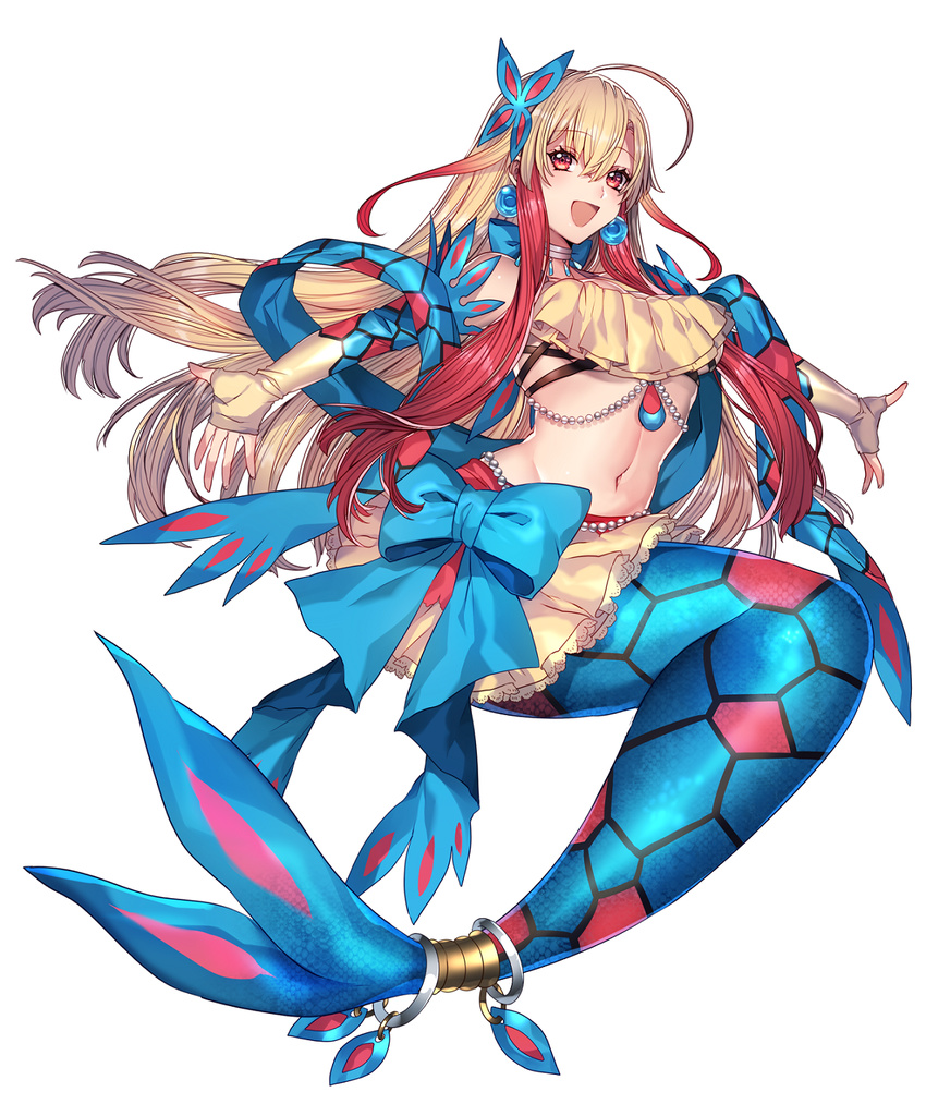 ahoge bare_shoulders blonde_hair butterfly_hair_ornament elbow_gloves eyebrows eyebrows_visible_through_hair fingerless_gloves full_body gen_3_pokemon gloves hair_ornament head_fins highres jewelry katagiri_hachigou long_hair looking_at_viewer mermaid milotic miniskirt monster_girl multicolored_hair navel necklace open_mouth pearl personification pleated_skirt pokemon red_eyes red_hair scales simple_background skirt smile solo white_background