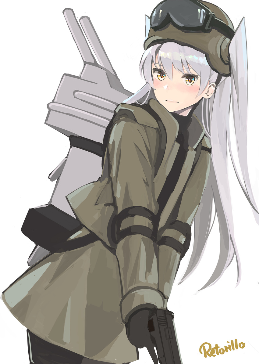 alternate_costume amatsukaze_(kantai_collection) artist_name bad_id bad_pixiv_id commentary_request goggles goggles_on_head gun helmet highres kantai_collection long_hair rensouhou-kun retorillo silver_hair simple_background two_side_up weapon white_background yellow_eyes