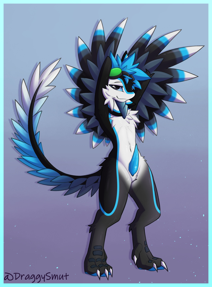 anthro avali bedroom_eyes biped black_body black_feathers black_fur blue_body blue_border blue_feathers blue_fur blue_penis blue_sclera border cheek_tuft chest_tuft claws digital_drawing_(artwork) digital_media_(artwork) draggyavali erection eyewear eyewear_only facial_tuft feathers full-length_portrait fur genitals glistening glistening_eyes goggles goggles_only gradient_background hi_res looking_at_viewer male narrowed_eyes navel nude paws penis portrait pose raised_wings seductive signature simple_background slim small_waist solo standing tail tapering_penis tuft white_body white_feathers white_fur winged_arms wings