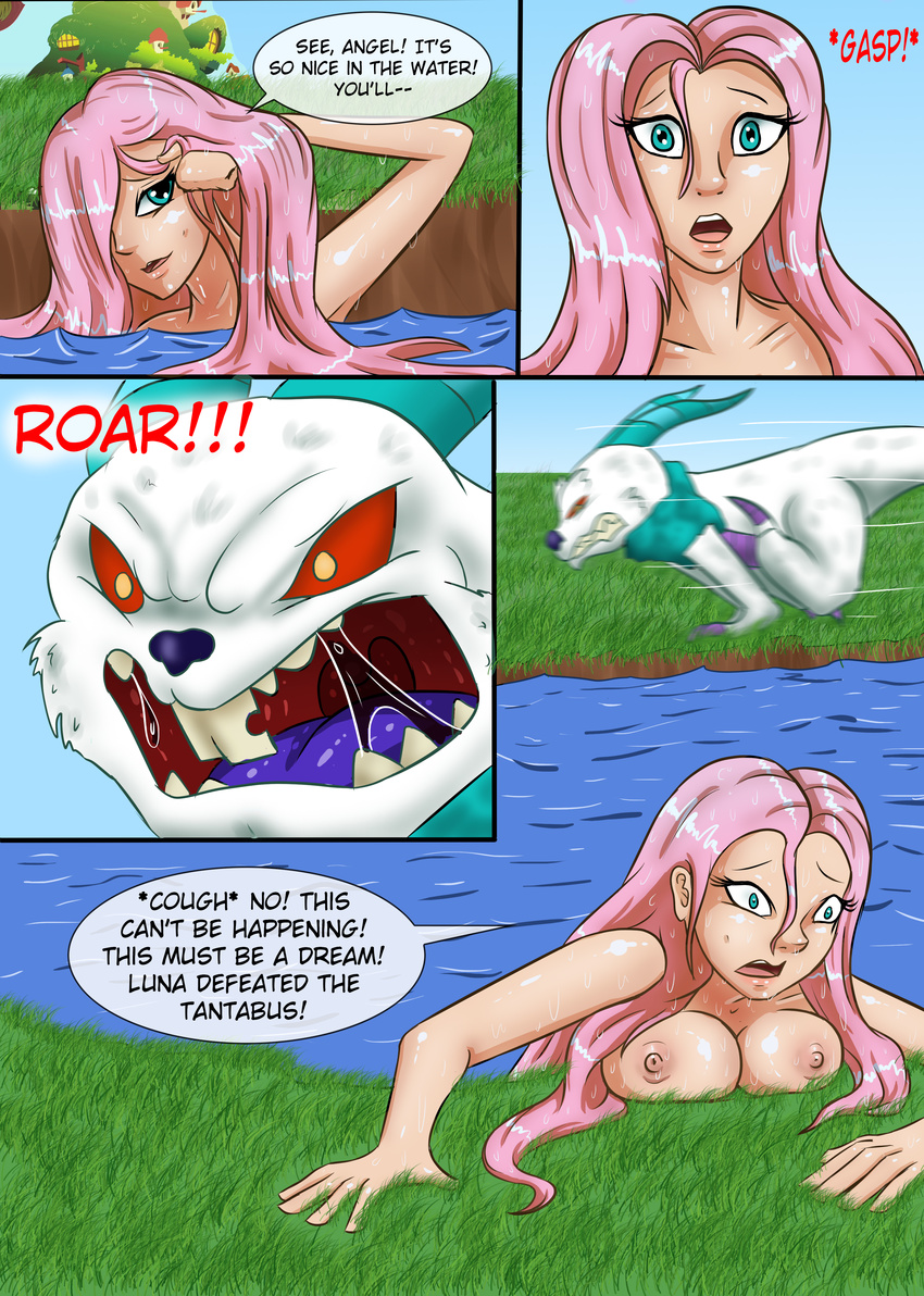 alternate_species angel_(mlp) blue_eyes blue_fur breasts claws clothing comic cottage cute demon dialogue drooling fluttershy_(mlp) forevernyte friendship_is_magic fur gasp grass hair hair_lift hair_over_eye horn human humanized lagomorph long_hair long_tail mammal mane monster my_little_pony nipples not_furry nude pet pink_hair purple_tongue rabbit red_eyes saliva scared sharp_teeth smile sweater swimming tantabus teeth water wet white_fur